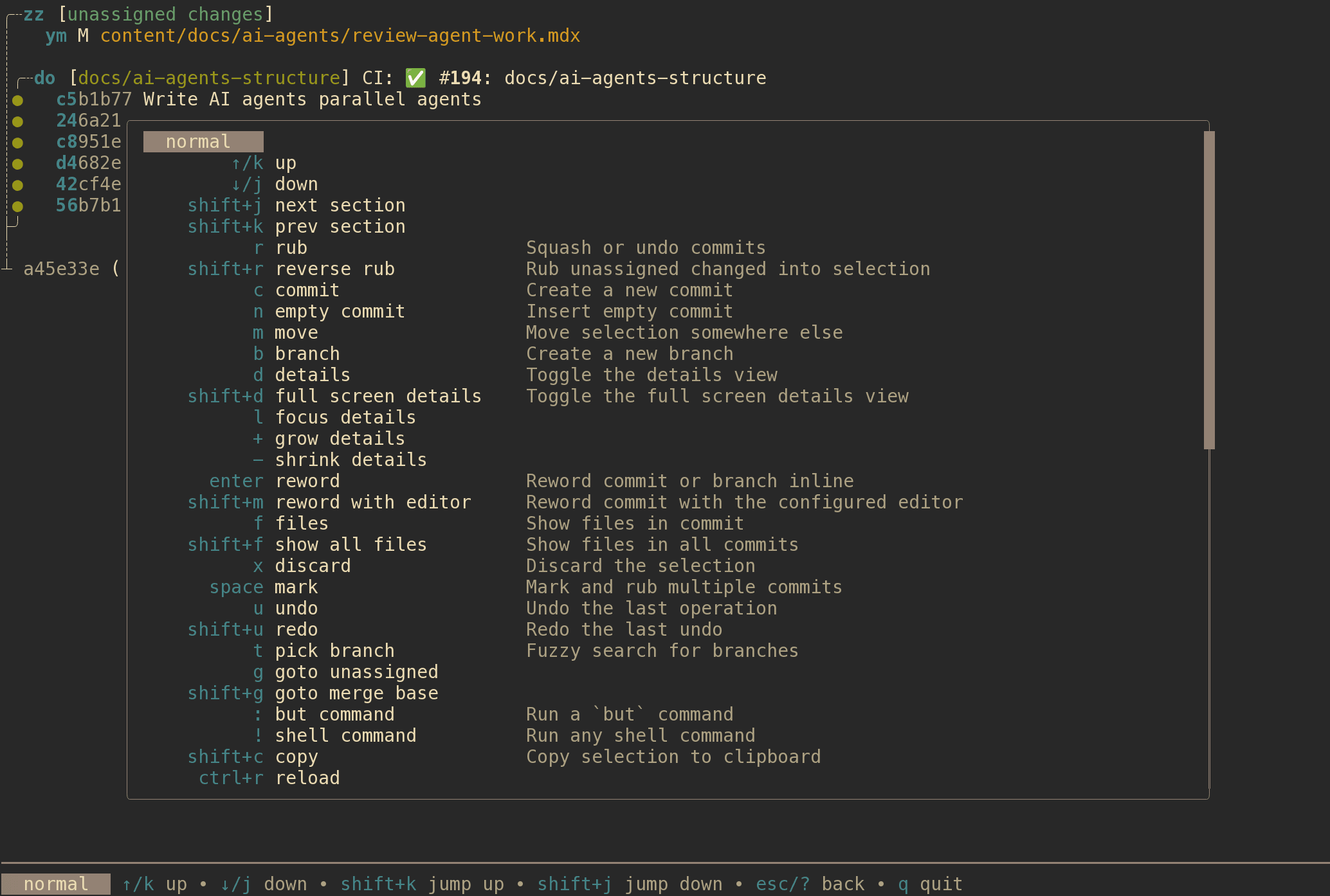 GitButler TUI showing available keyboard commands over workspace status